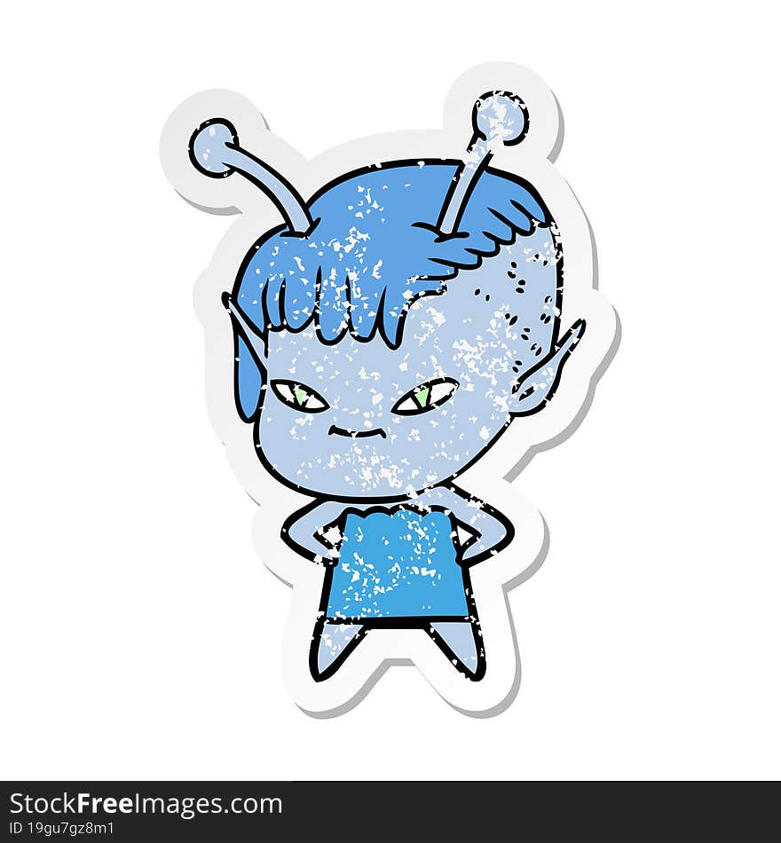 distressed sticker of a cute cartoon alien girl