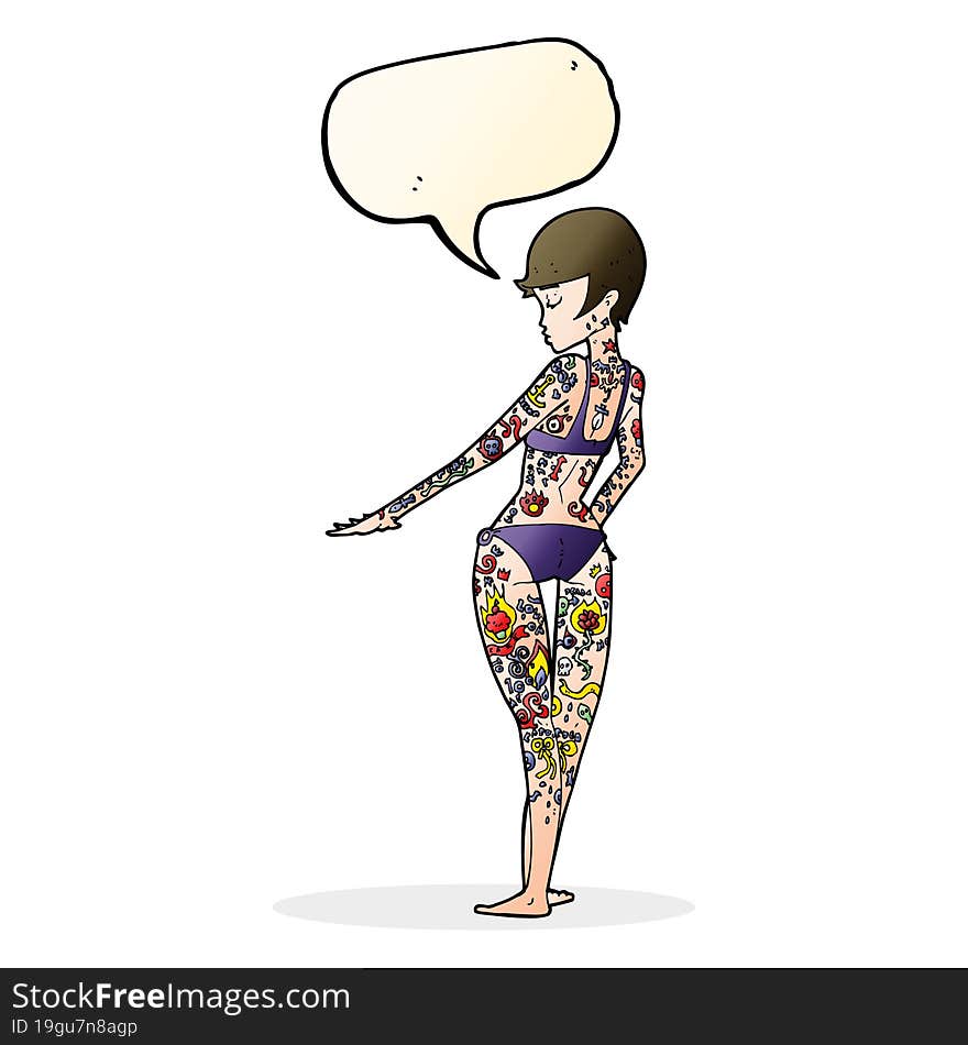 cartoon bikini girl covered in tattoos with speech bubble