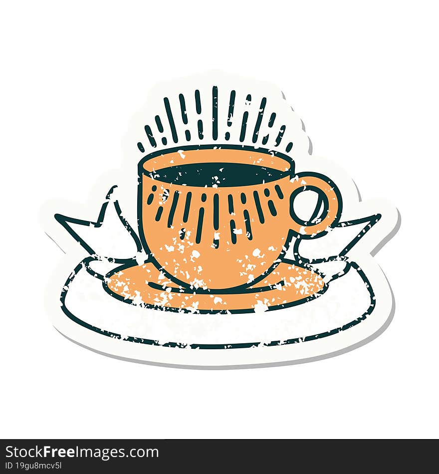 Grunge Sticker With Banner Of Cup Of Coffee