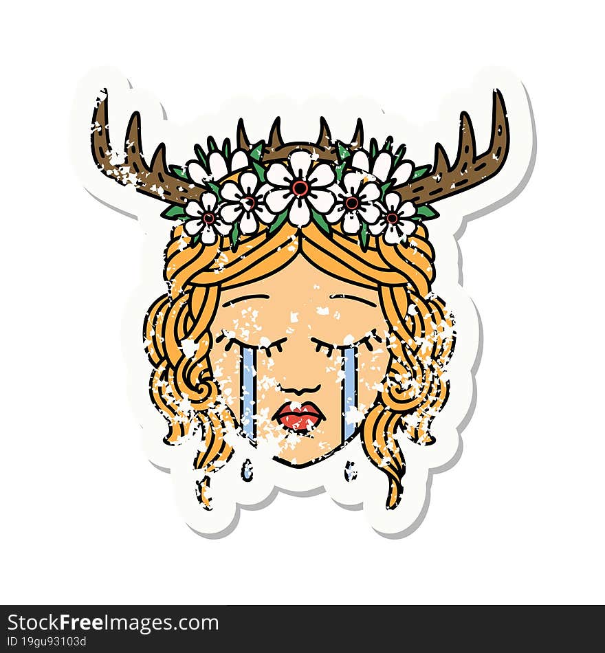 grunge sticker of a crying human druid. grunge sticker of a crying human druid