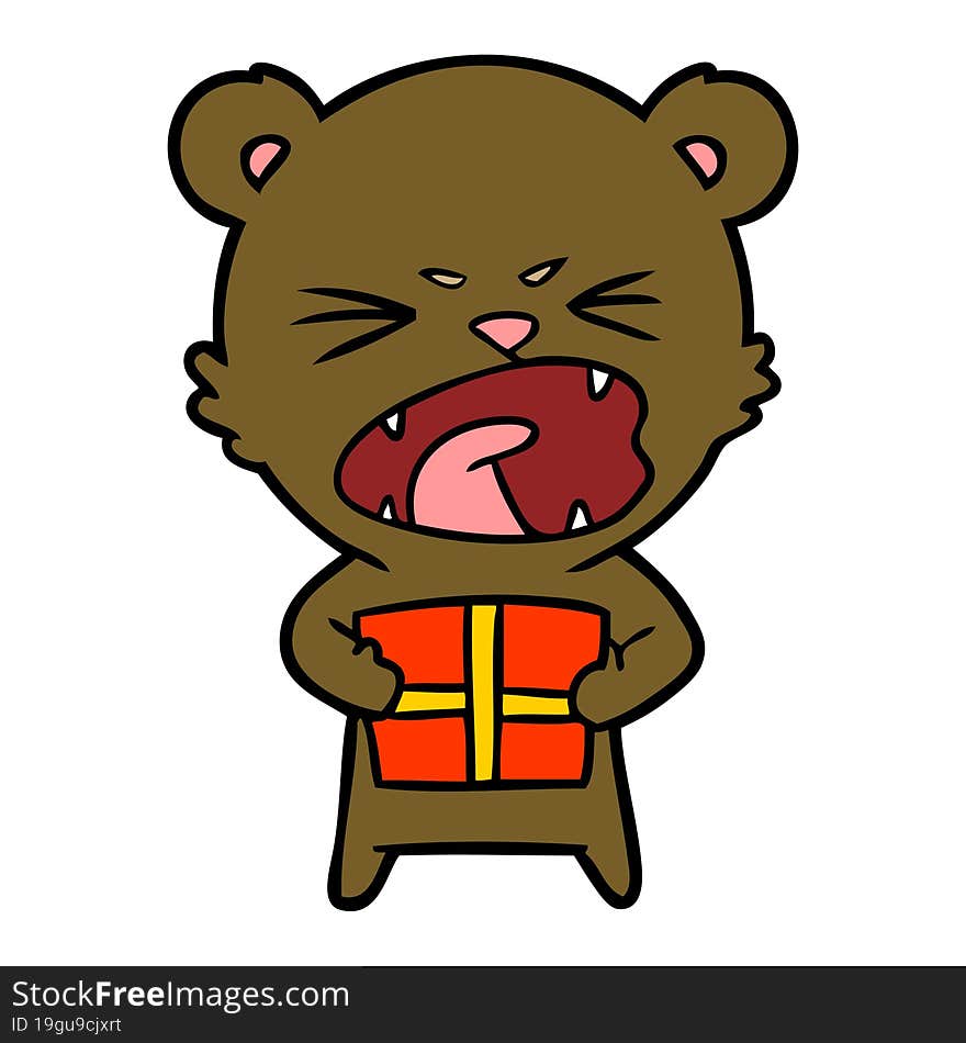 angry cartoon bear with present. angry cartoon bear with present