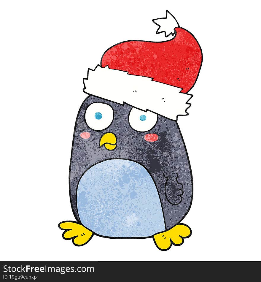 textured cartoon penguin in christmas hat