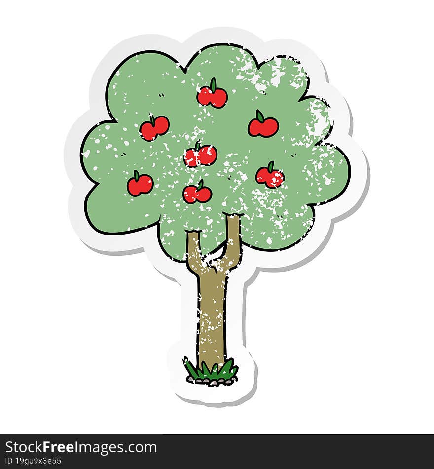 distressed sticker of a cartoon apple tree