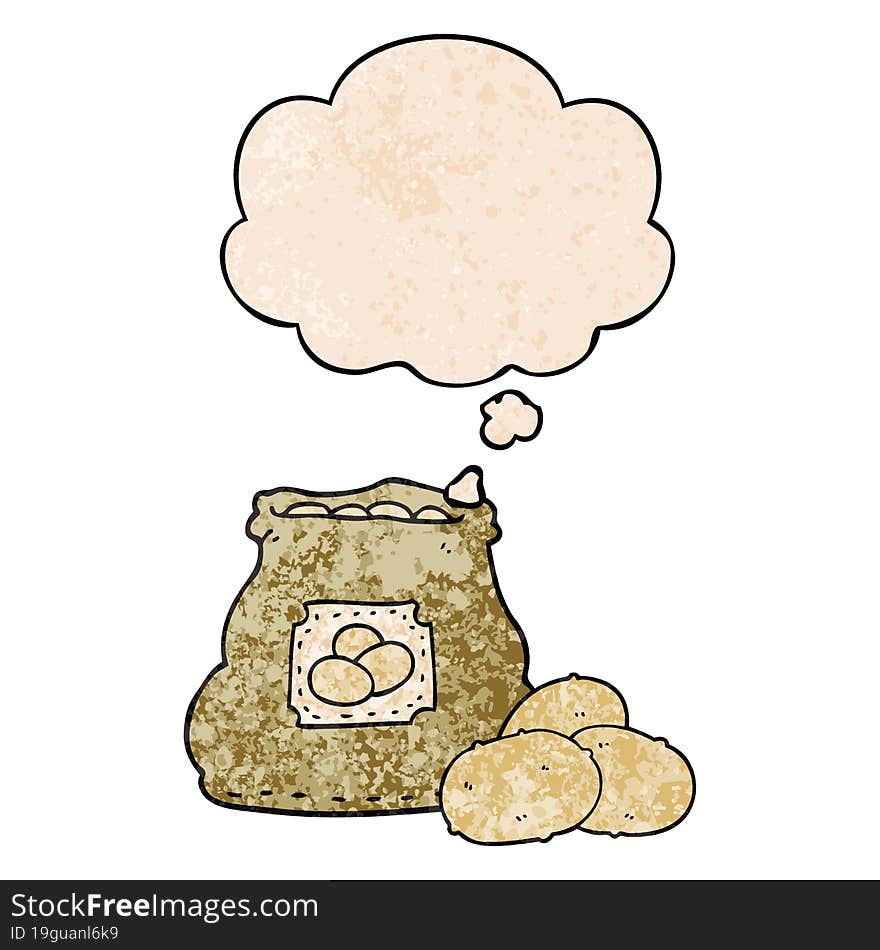 cartoon bag of potatoes with thought bubble in grunge texture style. cartoon bag of potatoes with thought bubble in grunge texture style