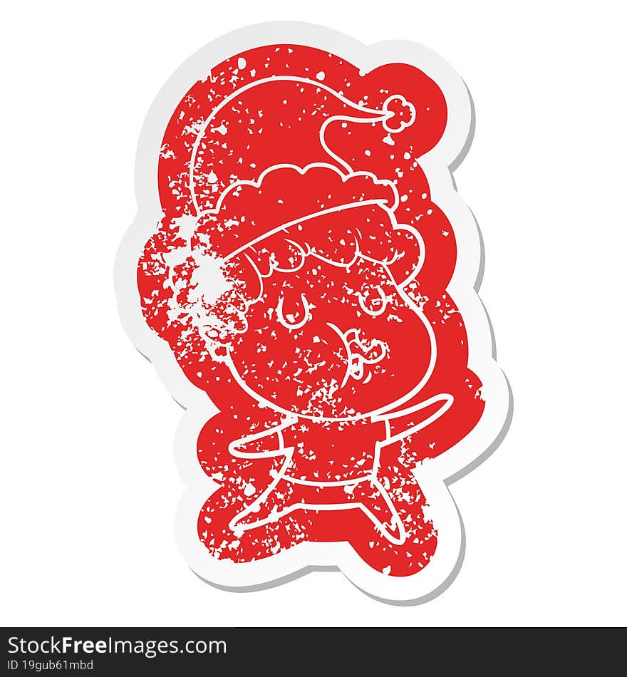 Cartoon Distressed Sticker Of A Man Singing Wearing Santa Hat