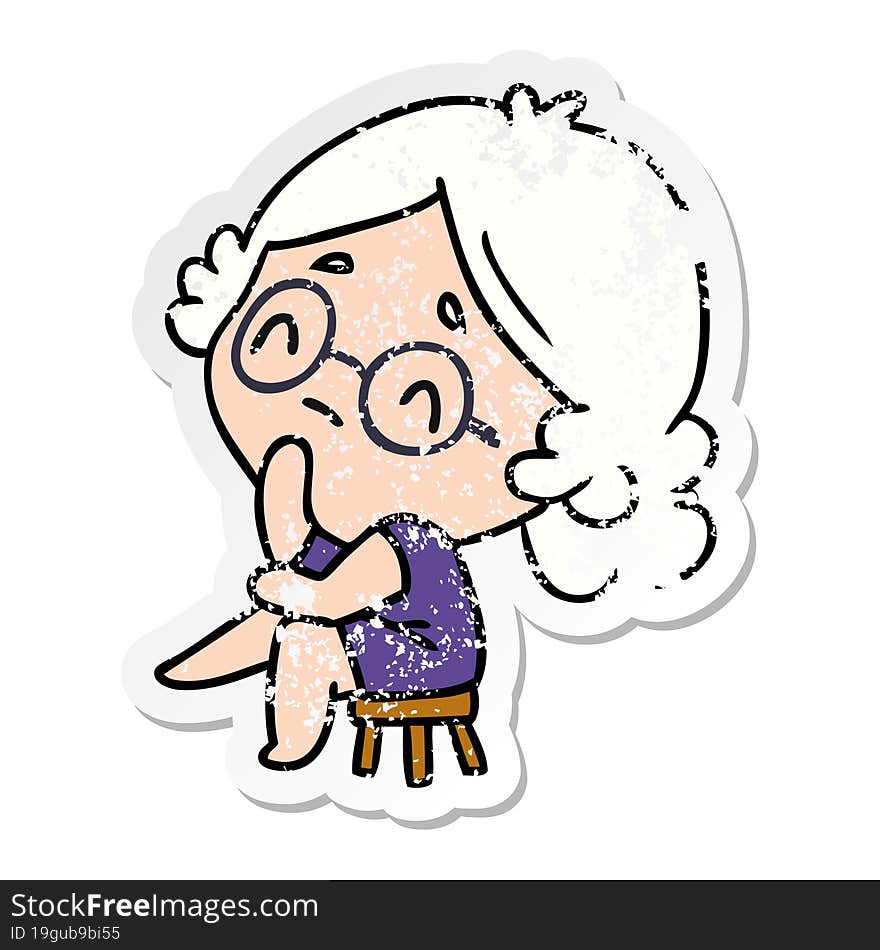 distressed sticker cartoon of a cute kawaii lady thinking