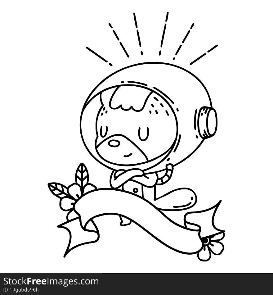 Banner With Black Line Work Tattoo Style Animal In Astronaut Suit