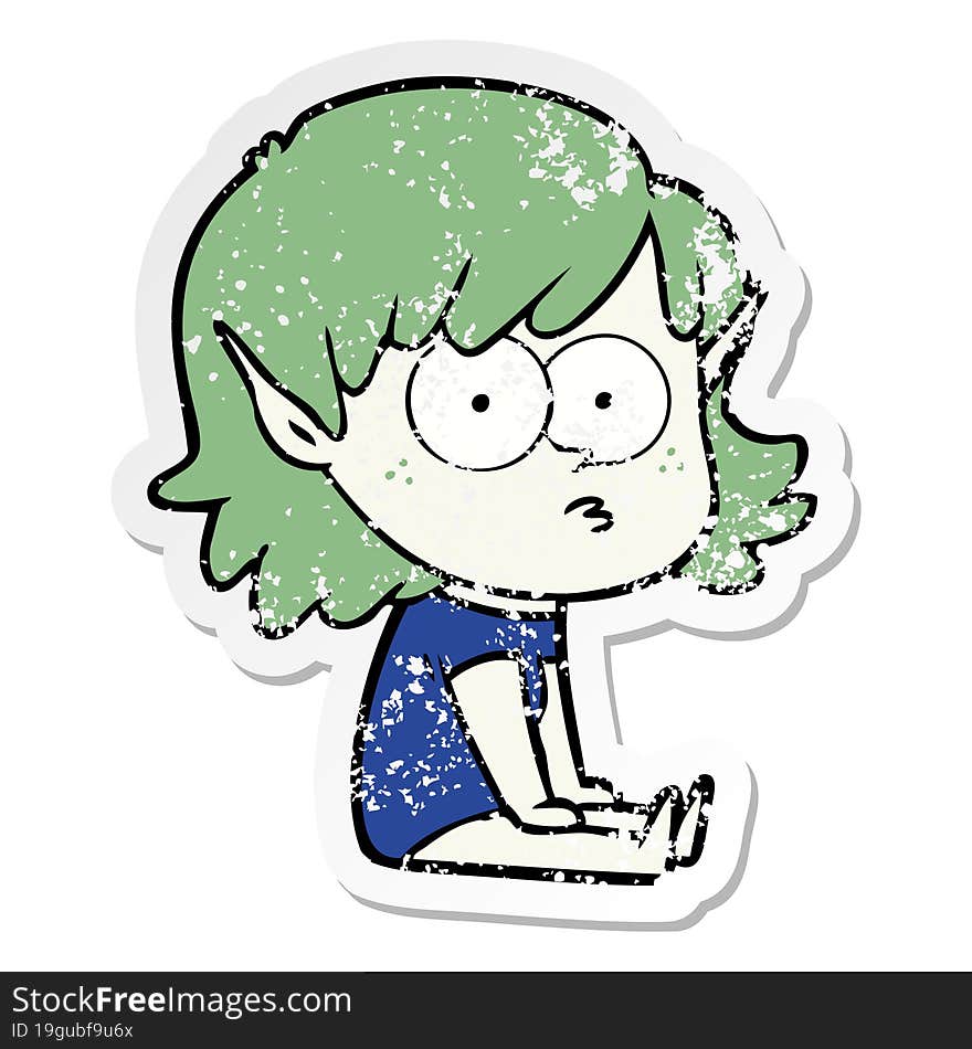 distressed sticker of a cartoon elf girl staring