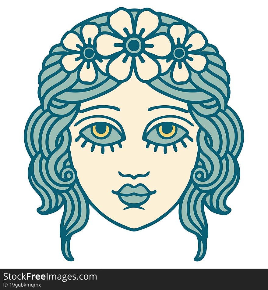 tattoo style icon of female face with crown of flowers