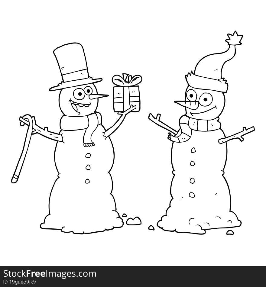 Black And White Cartoon Snowmen Exchanging Gifts