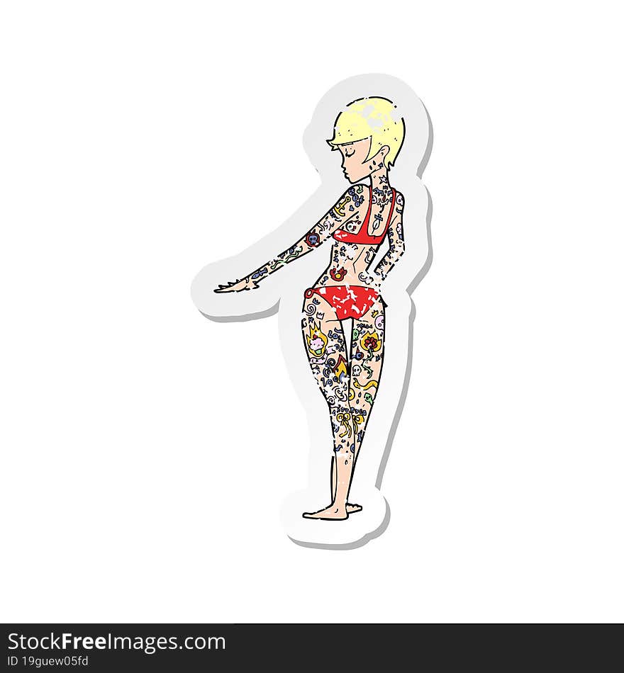 Retro Distressed Sticker Of A Cartoon Bikini Girl Covered In Tattoos