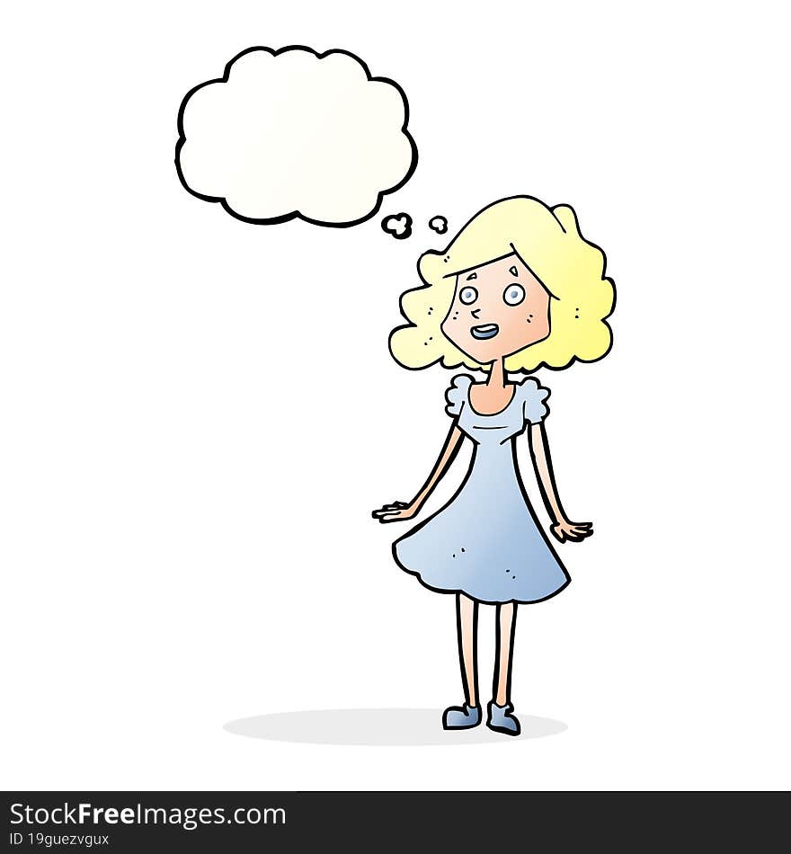 cartoon happy woman in dress with thought bubble