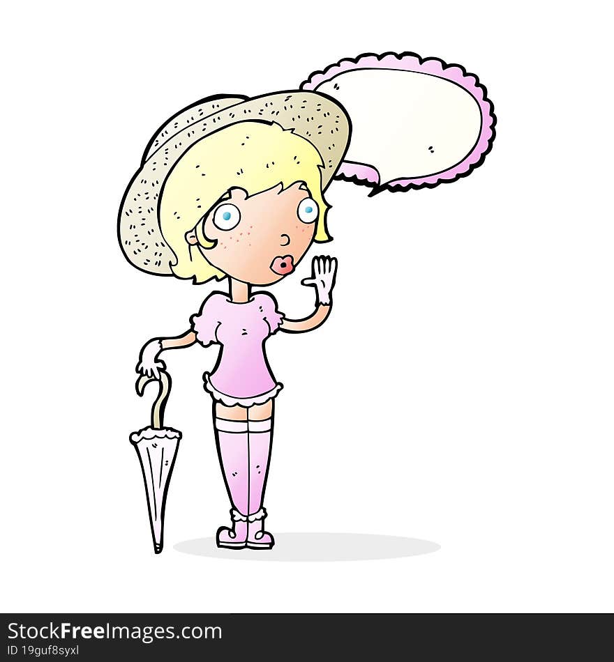 cartoon woman in summer hat waving with speech bubble