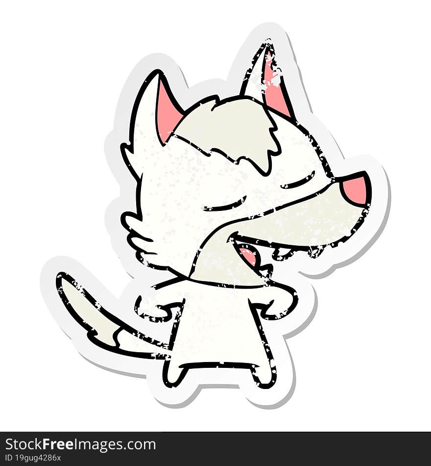 distressed sticker of a cartoon wolf laughing