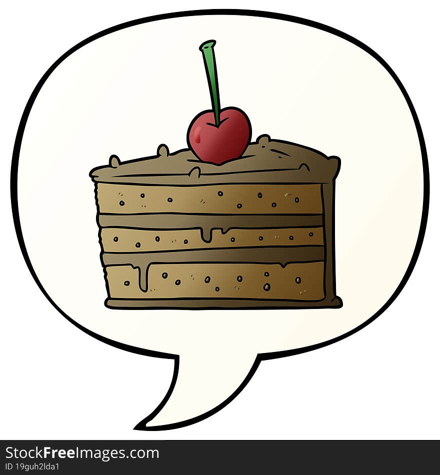 cartoon tasty chocolate cake and speech bubble in smooth gradient style