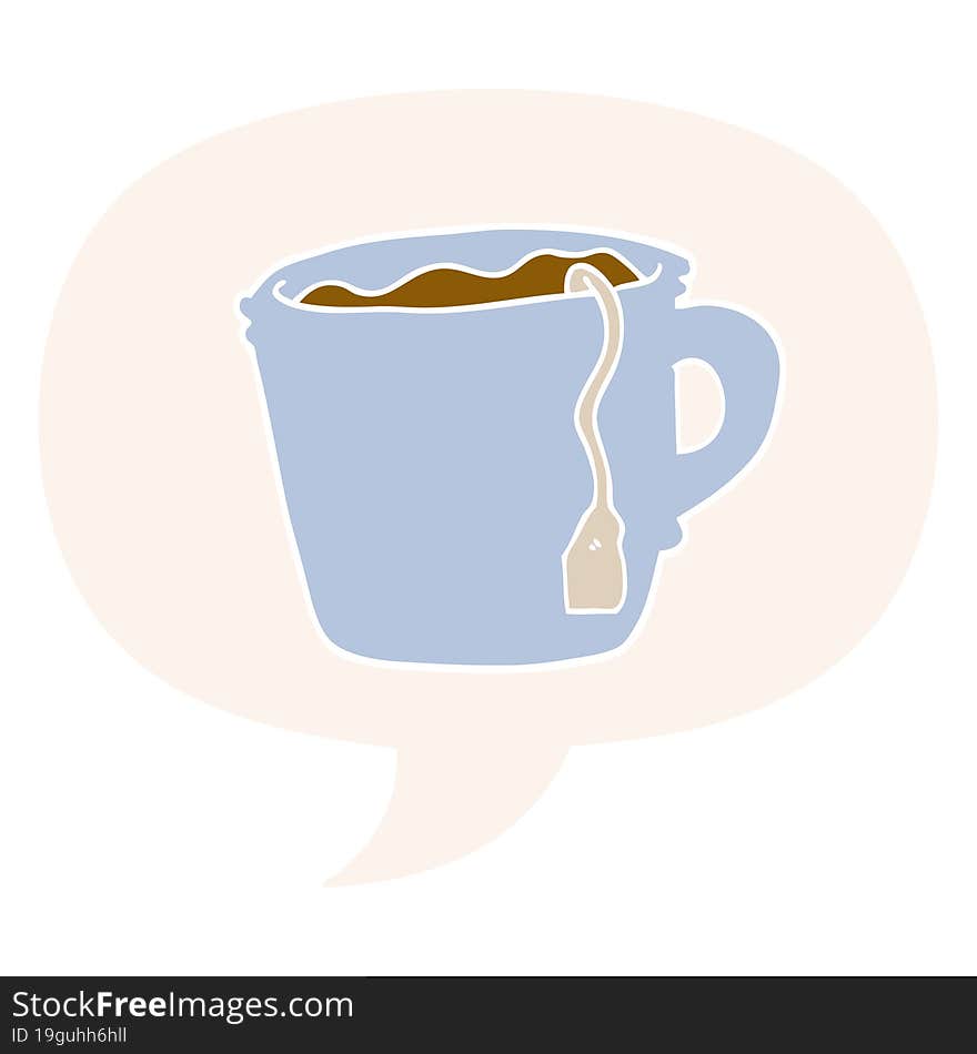 cartoon hot cup of tea with speech bubble in retro style