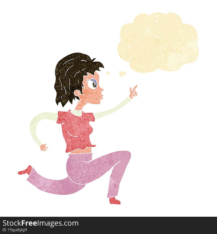 cartoon woman running and pointing with thought bubble