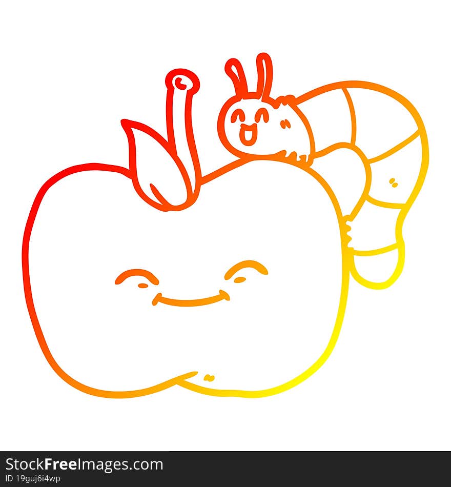 warm gradient line drawing cartoon apple and bug