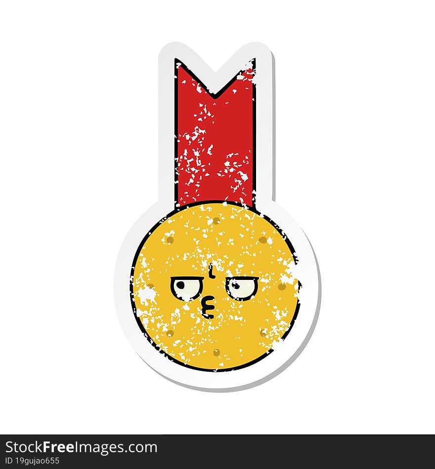 distressed sticker of a cute cartoon gold medal