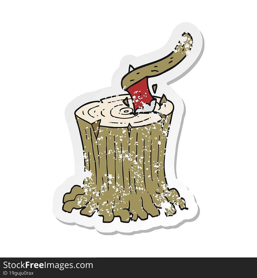 Retro Distressed Sticker Of A Cartoon Axe In Tree Stump