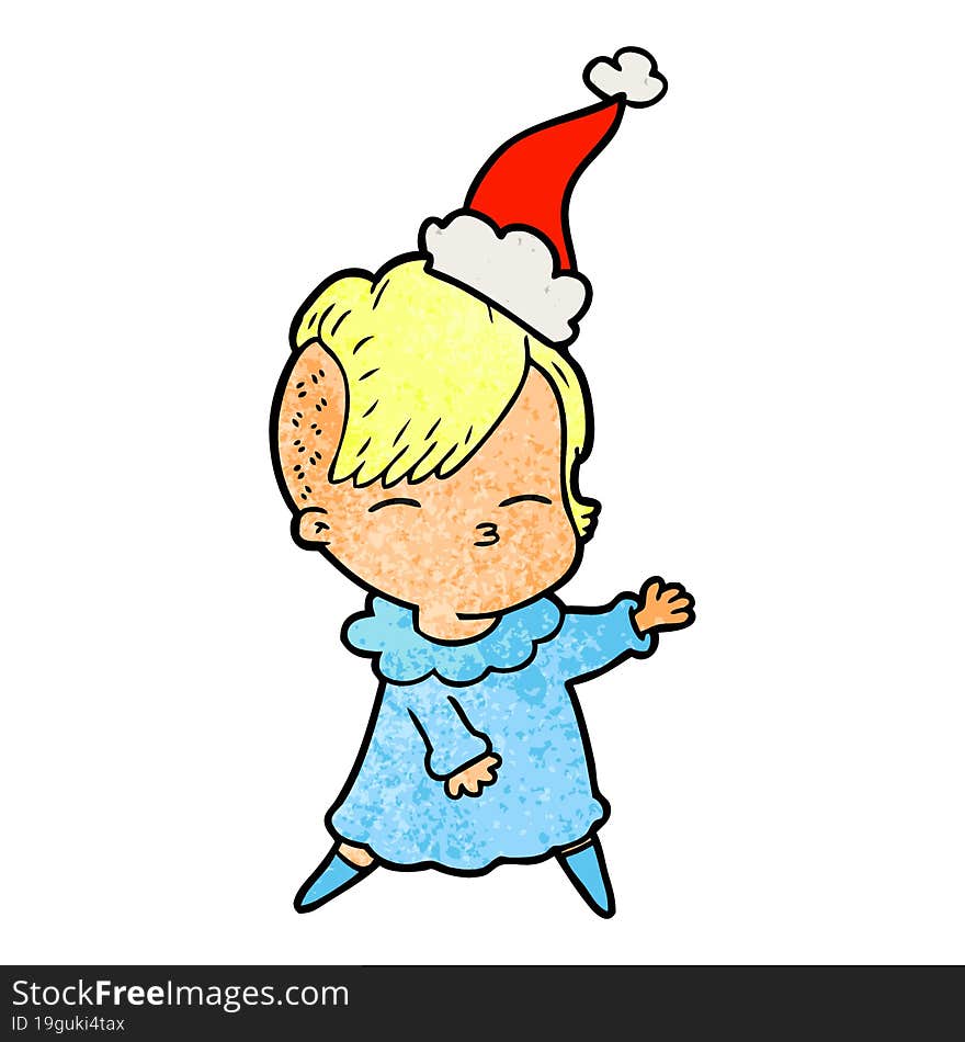 textured cartoon of a squinting girl wearing santa hat