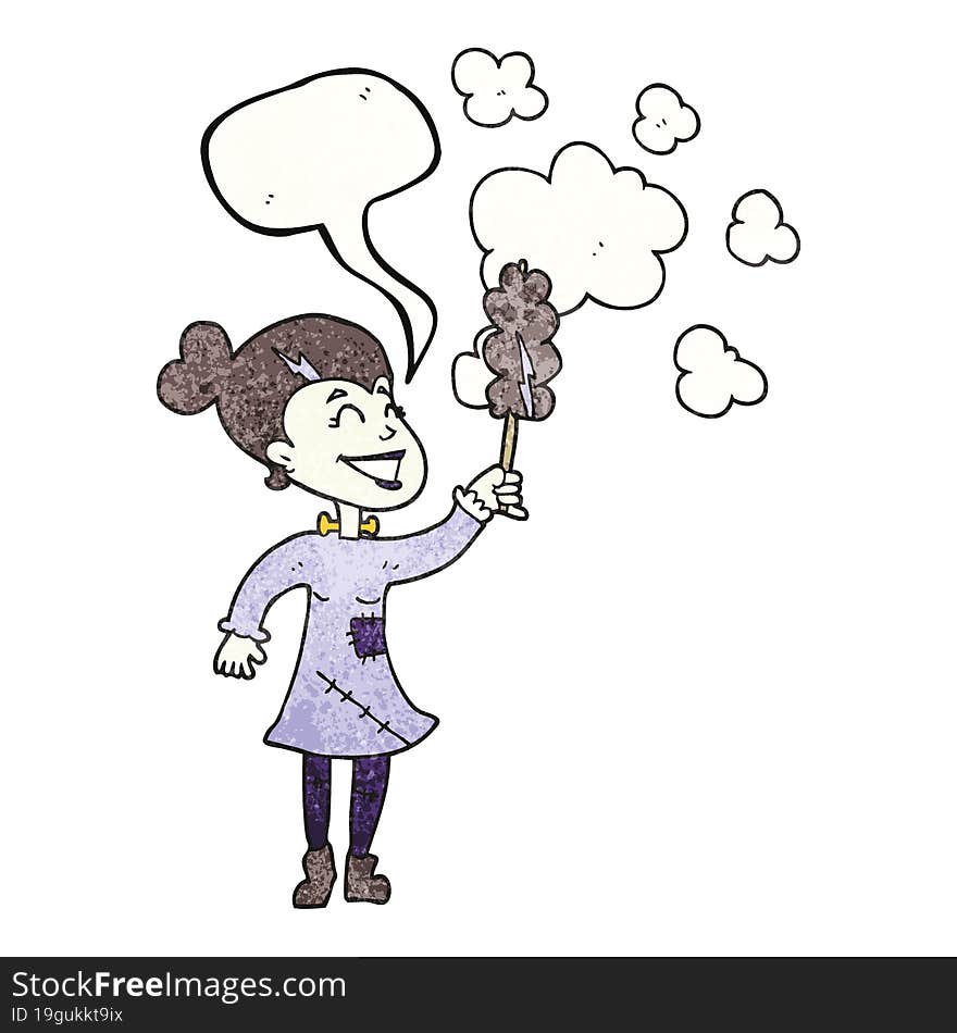 speech bubble textured cartoon zombie woman dusting