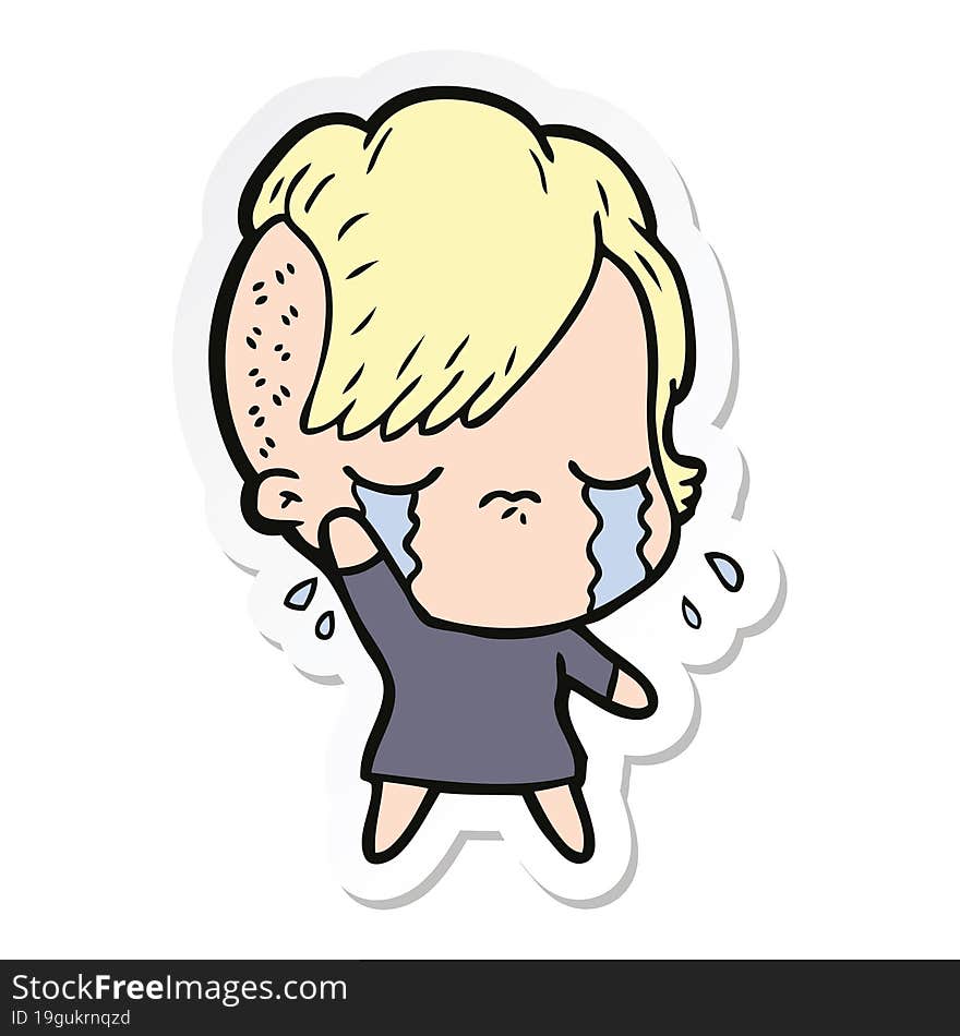 sticker of a cartoon crying girl waving