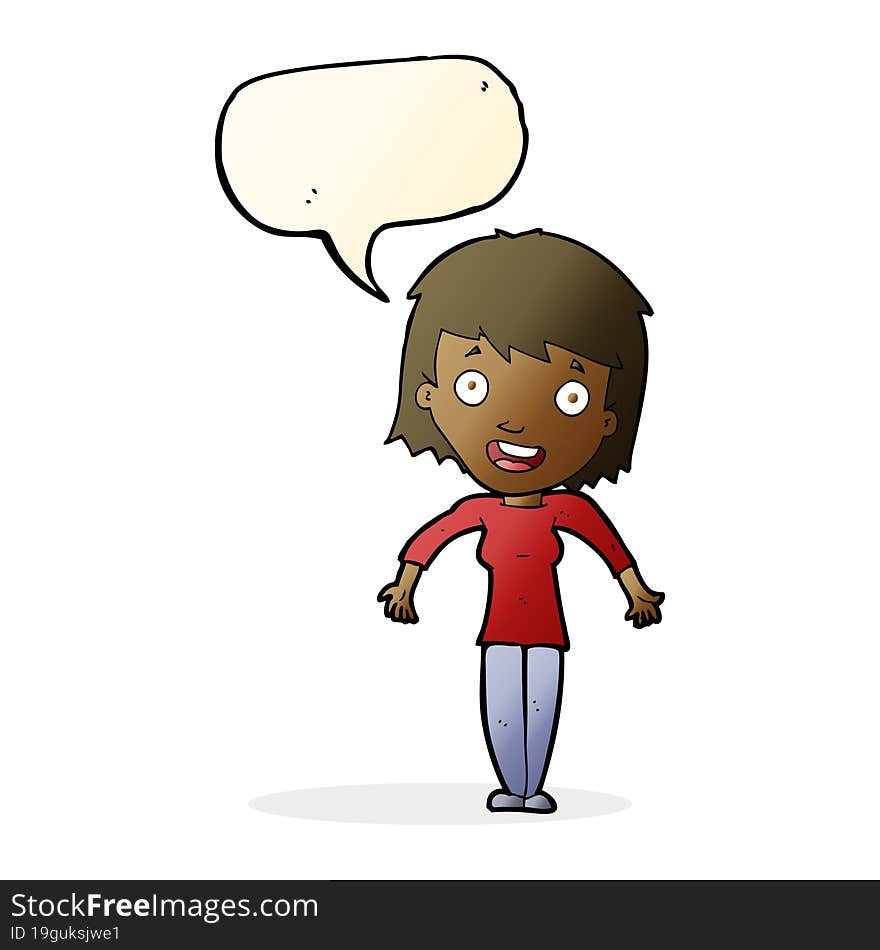 cartoon woman shrugging shoulders with speech bubble