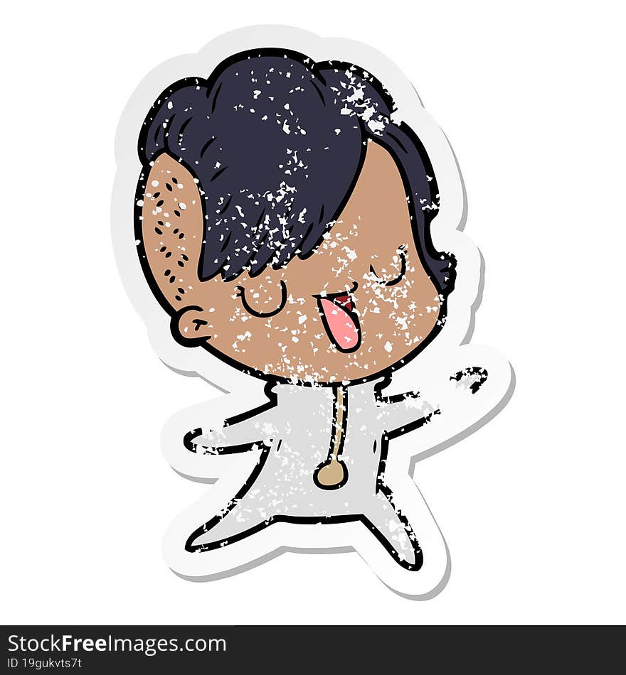 Distressed Sticker Of A Cute Cartoon Girl With Hipster Haircut