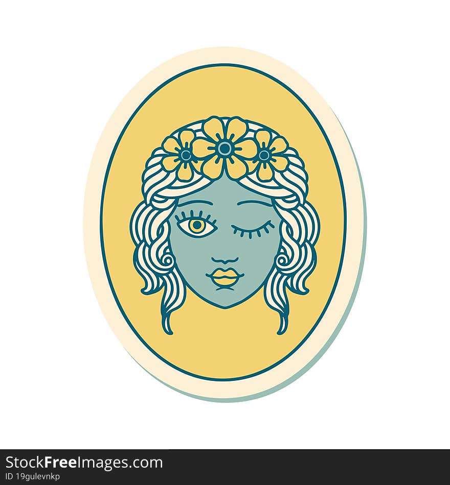 tattoo style sticker of a maiden with crown of flowers winking