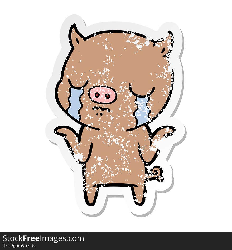 distressed sticker of a cartoon pig crying