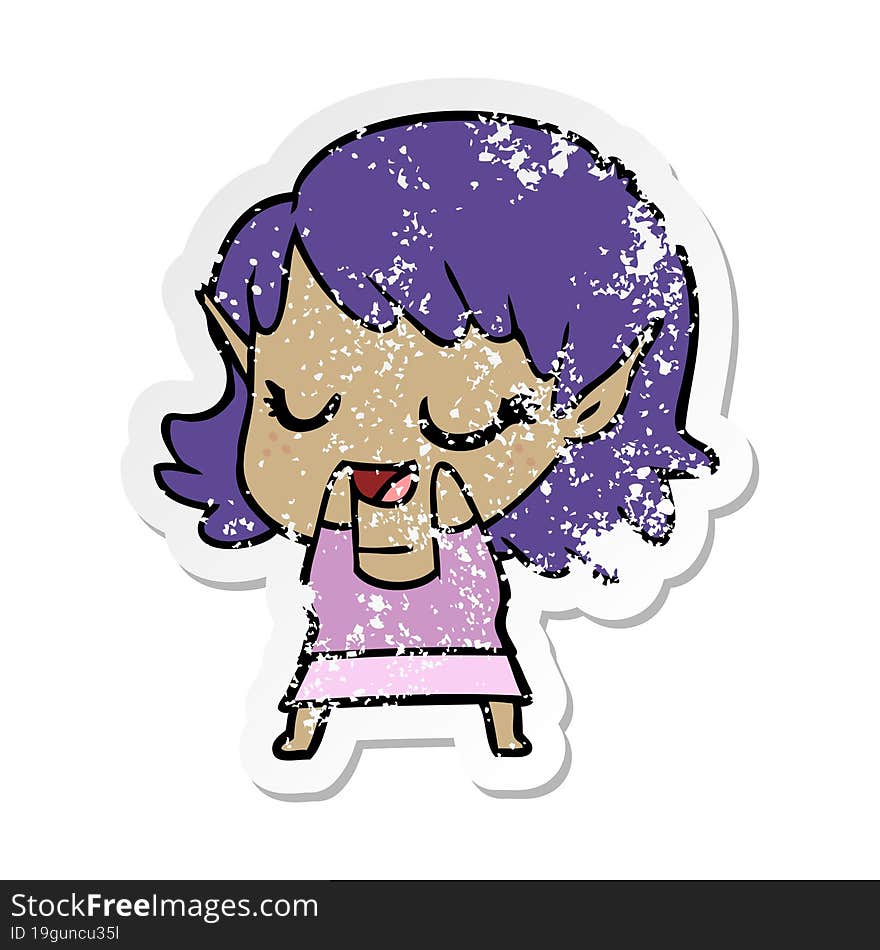 distressed sticker of a happy cartoon elf girl