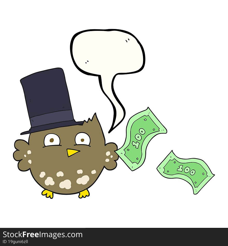 freehand drawn speech bubble cartoon wealthy little owl with top hat