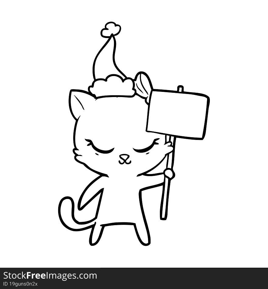 cute hand drawn line drawing of a cat with sign wearing santa hat. cute hand drawn line drawing of a cat with sign wearing santa hat