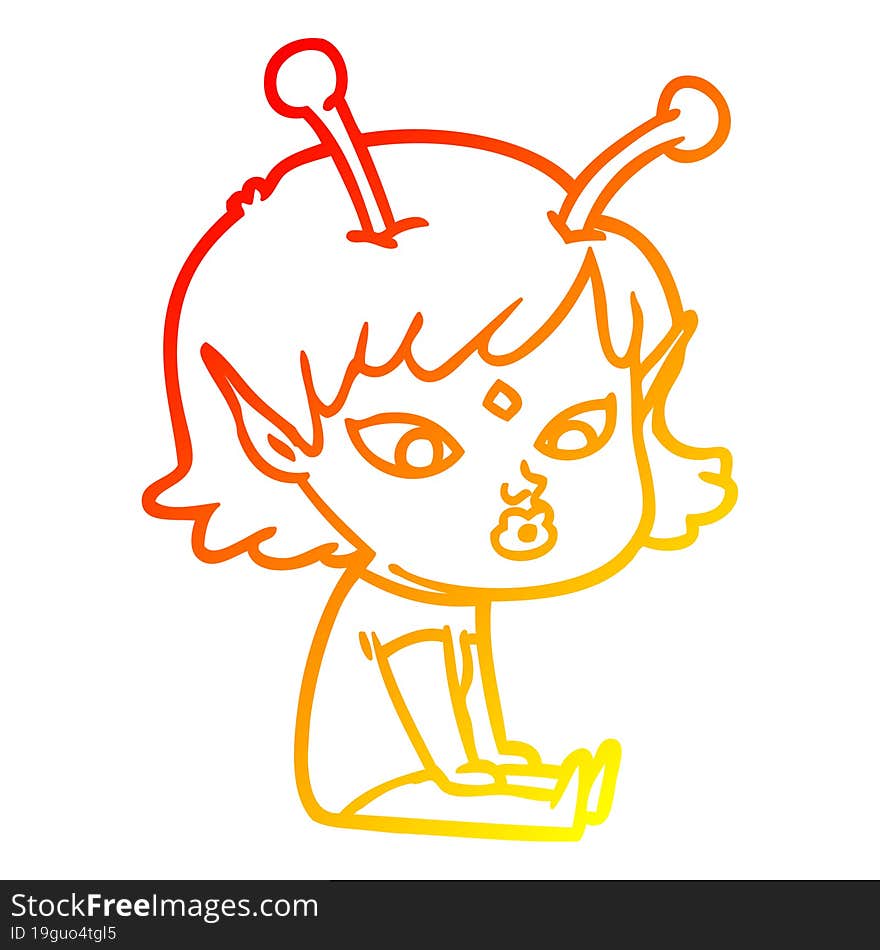 warm gradient line drawing pretty cartoon alien girl