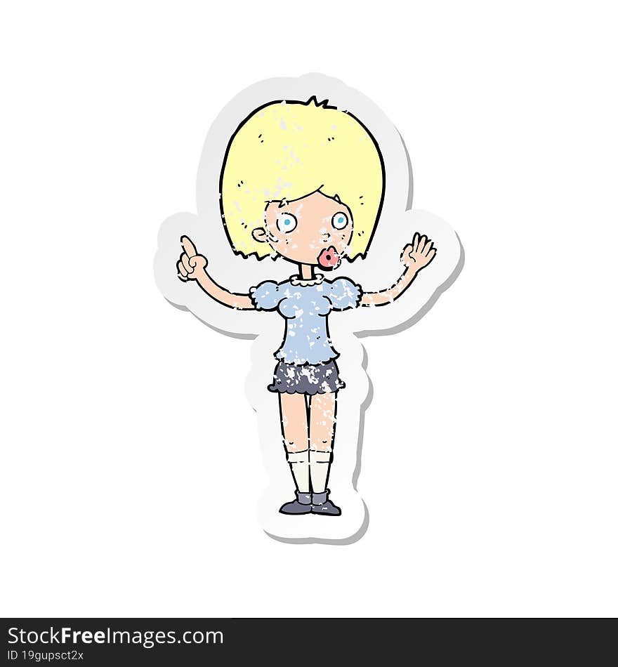 retro distressed sticker of a cartoon woman explaining her point