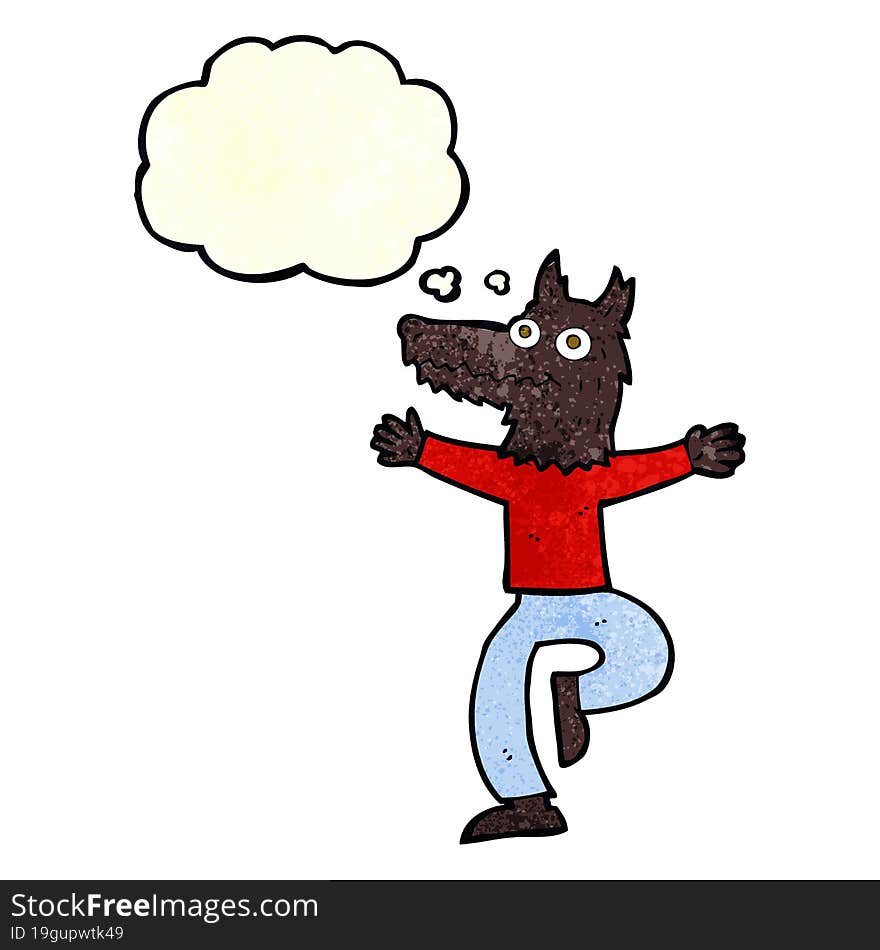 cartoon wolf man with thought bubble