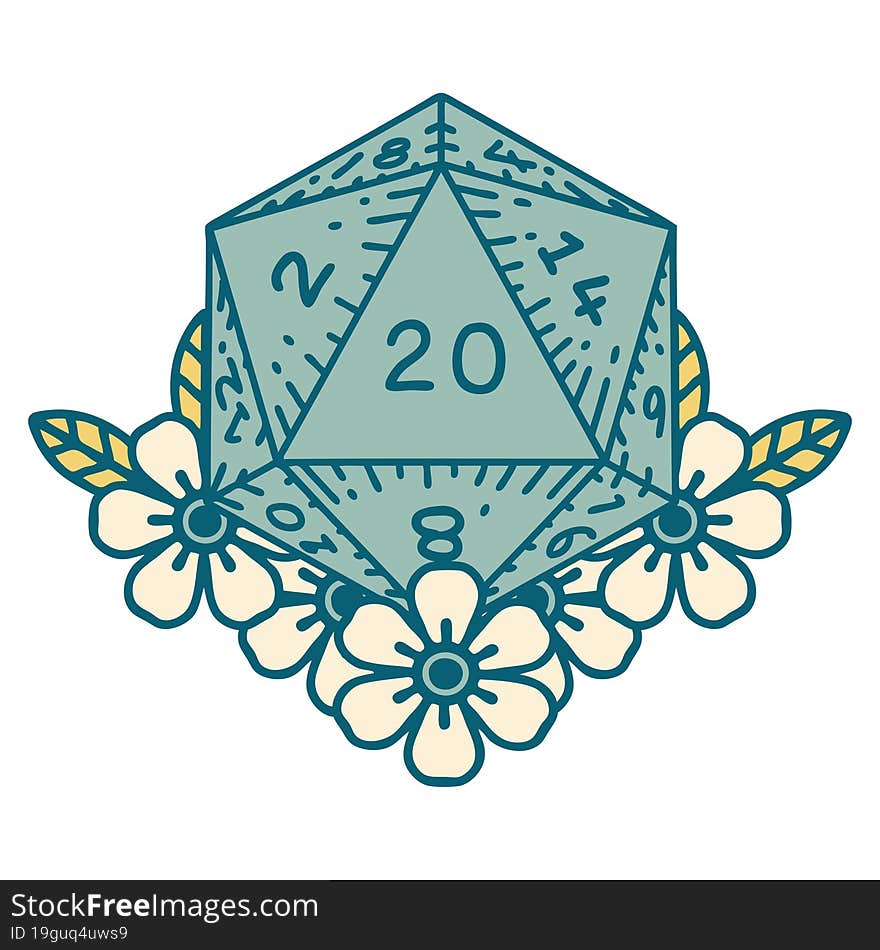 iconic tattoo style image of a d20. iconic tattoo style image of a d20