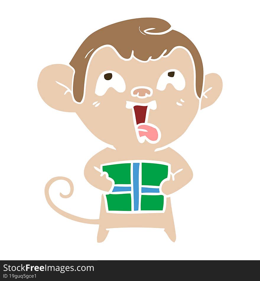 crazy flat color style cartoon monkey with christmas present