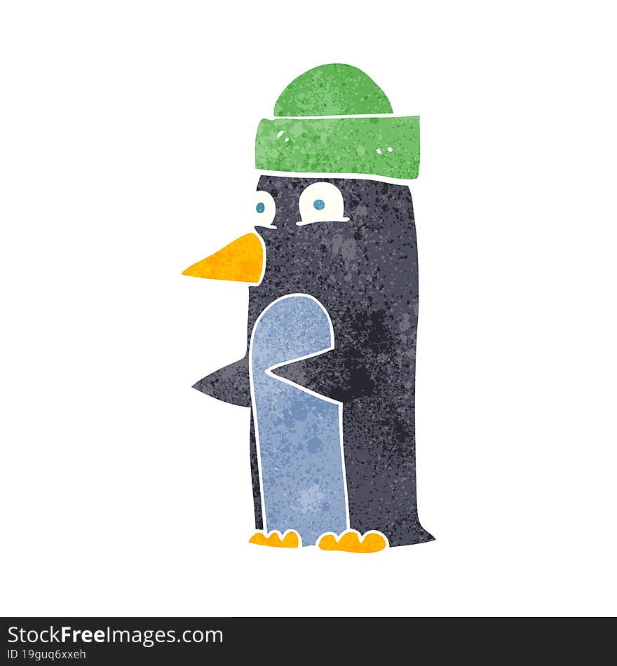 retro cartoon penguin wearing hat