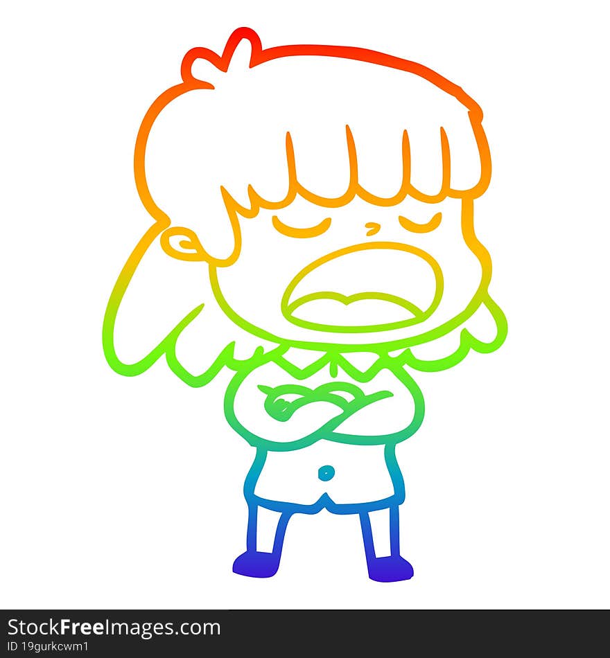 rainbow gradient line drawing of a cartoon woman talking loudly