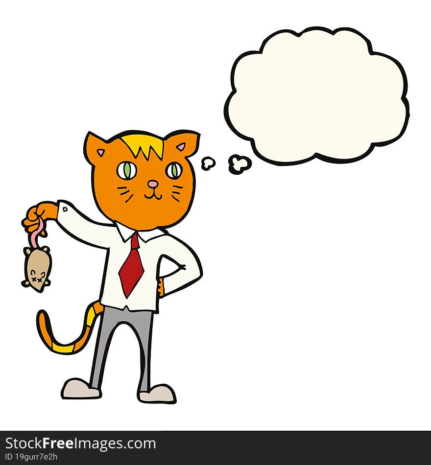 cartoon business cat with dead mouse with thought bubble