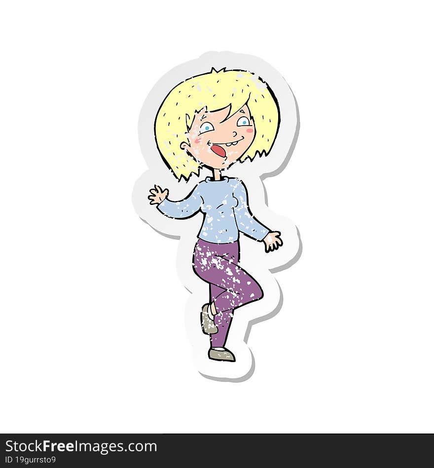 retro distressed sticker of a cartoon laughing woman