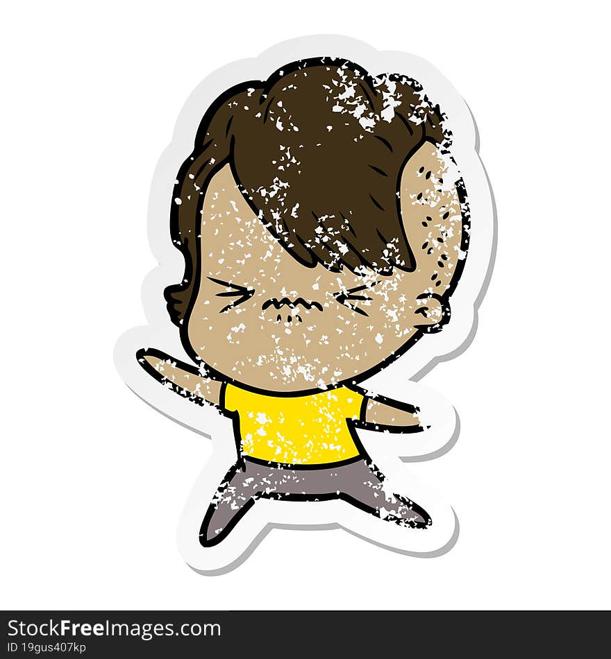 distressed sticker of a cartoon annoyed hipster girl