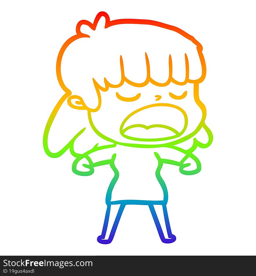 rainbow gradient line drawing of a cartoon woman talking loudly