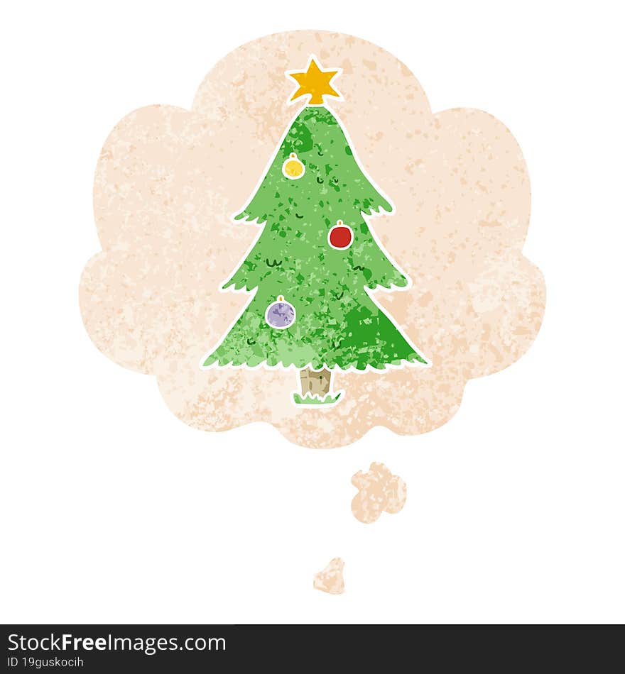 cartoon christmas tree and thought bubble in retro textured style