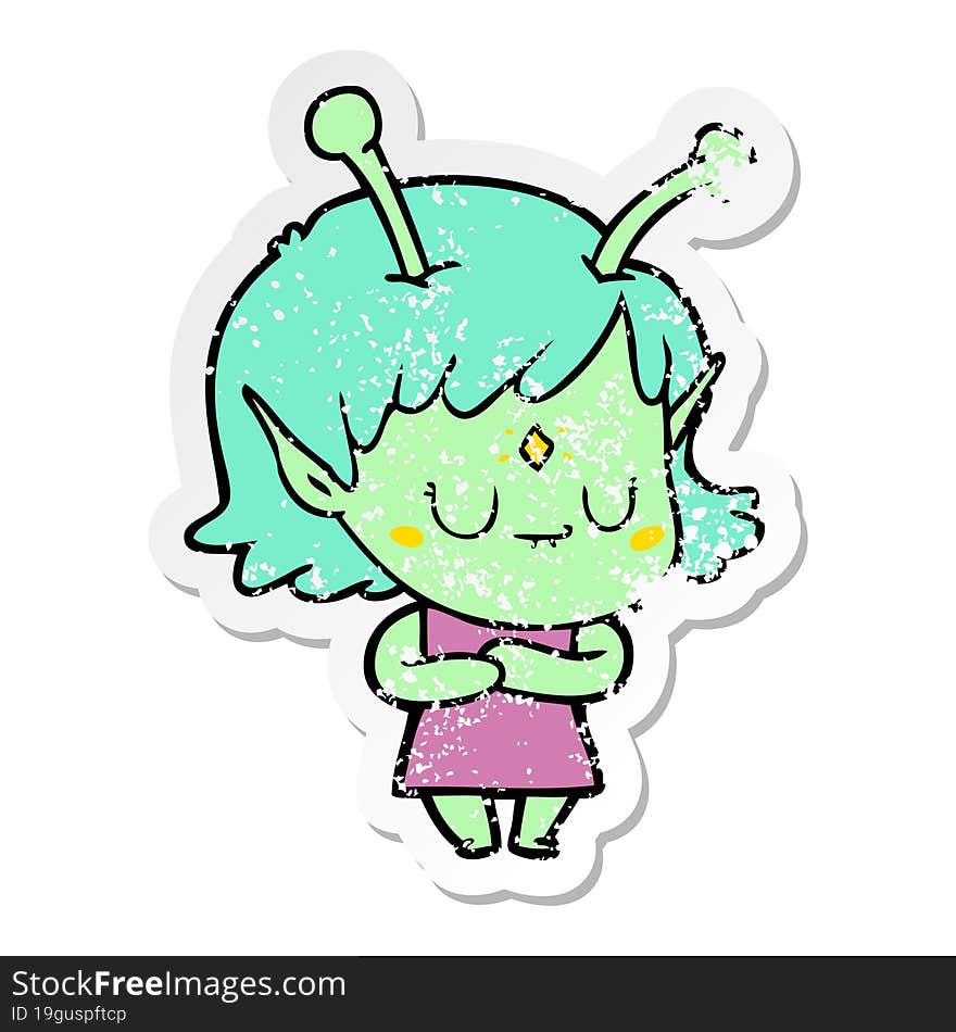 distressed sticker of a cartoon alien girl