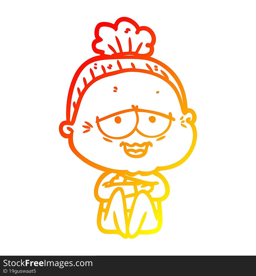 warm gradient line drawing of a cartoon happy old lady