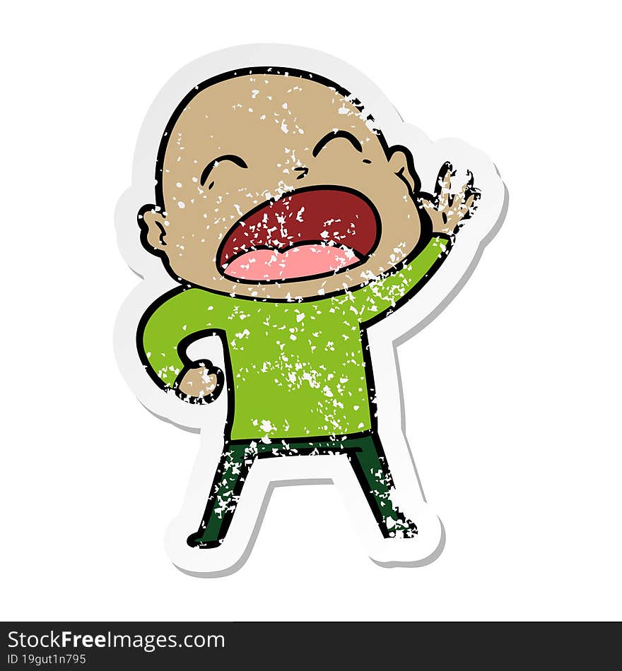 distressed sticker of a cartoon shouting bald man