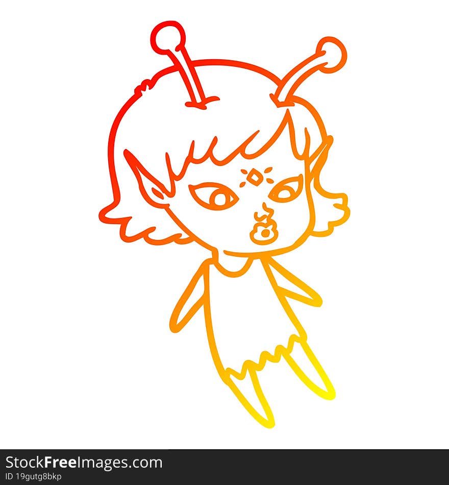 warm gradient line drawing pretty cartoon alien girl